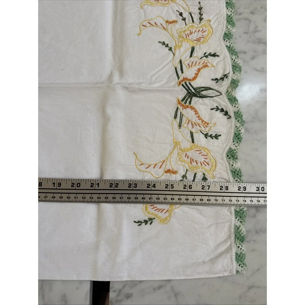 VTG Hand Embroidered White Yelllow Flowers Standard Size Pillowcase Crochet Edge